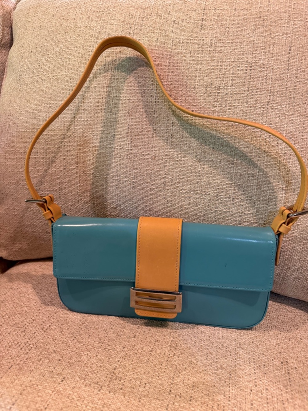 Carla Mancini Teal and Tan Leather Shoulder Bag with Buckle Strap